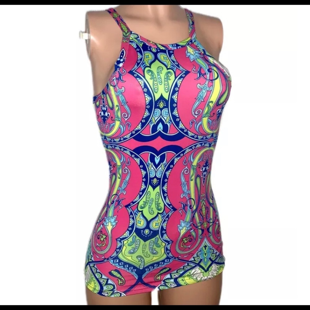 Trendy Paisley Pink Mod Floral Tank Top Stretchy Fitted Top New Boho Mod Fashion